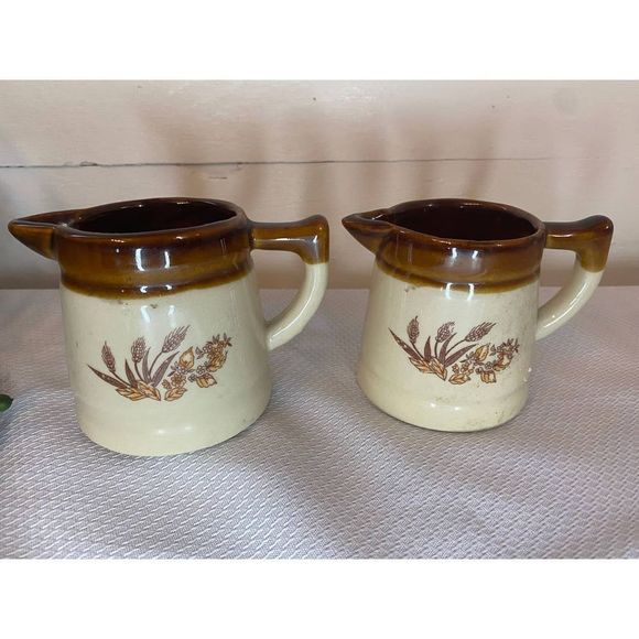 Other - vintage 70’s Stoneware Set 2 Pitchers Brown Floral Ceramic